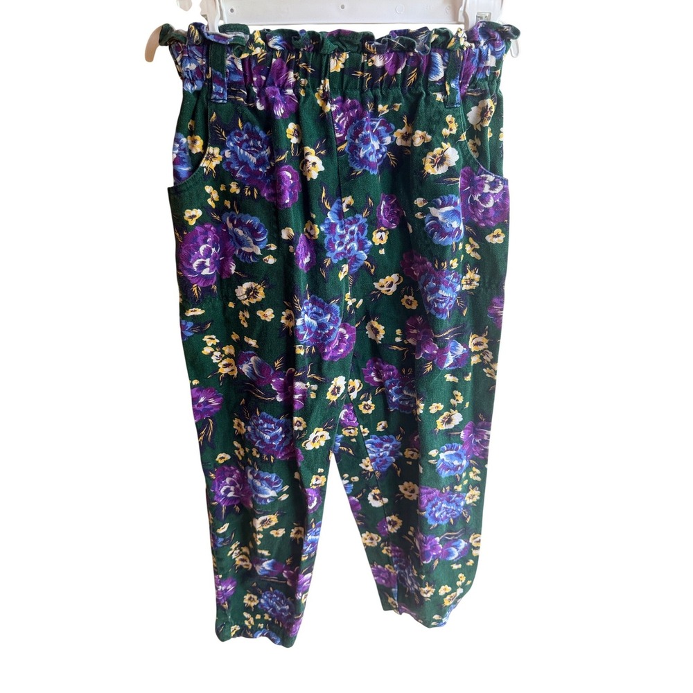 Vintage Jordache Kids Floral Paperbag Waist Tapered Pants Green Purple Size 6